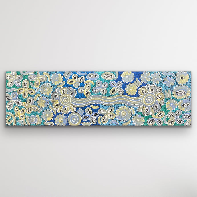 Original Aboriginal artwork “Bush Flowers” featuring floral desert motifs by Bernadine Johnson Kemarre