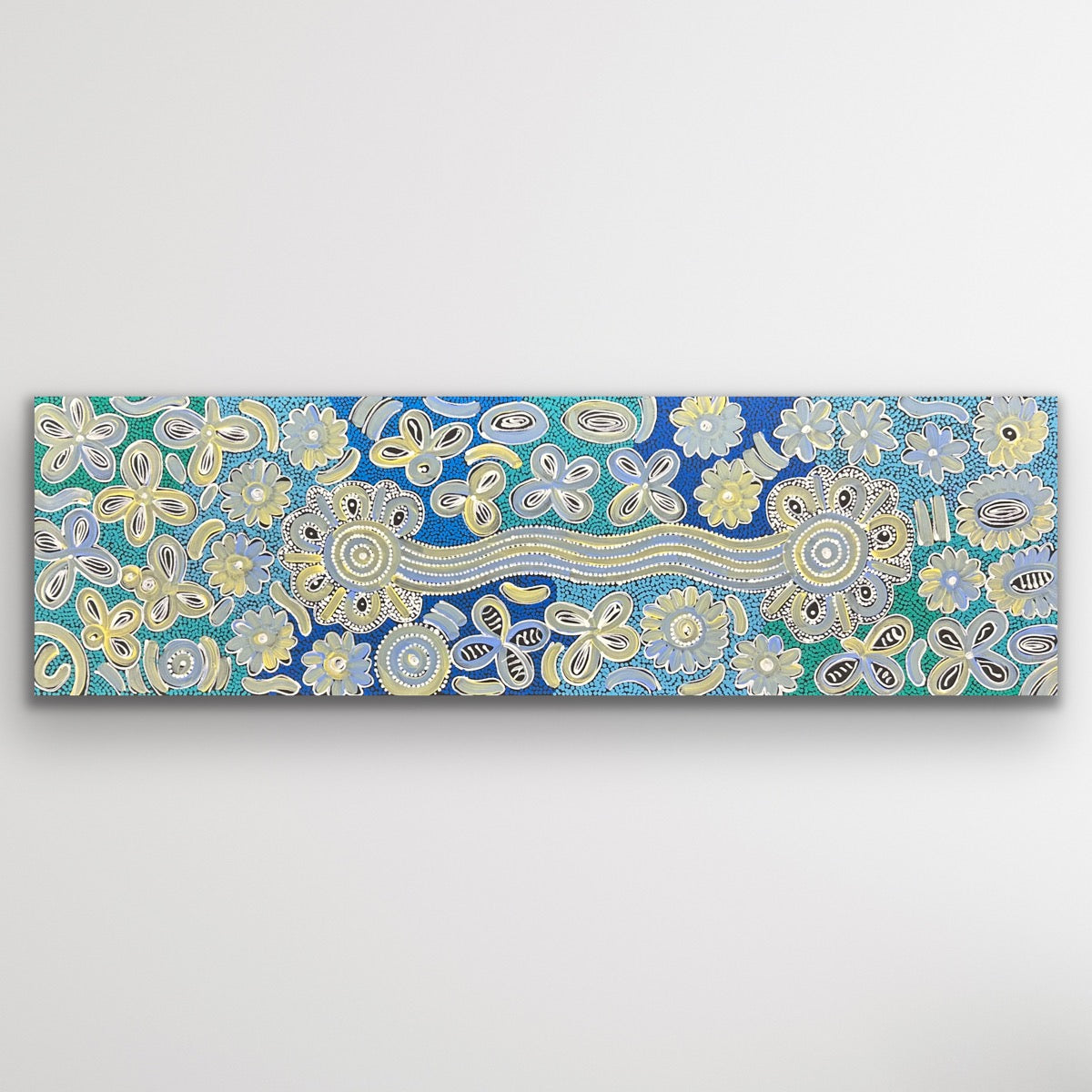 Original Aboriginal artwork “Bush Flowers” featuring floral desert motifs by Bernadine Johnson Kemarre