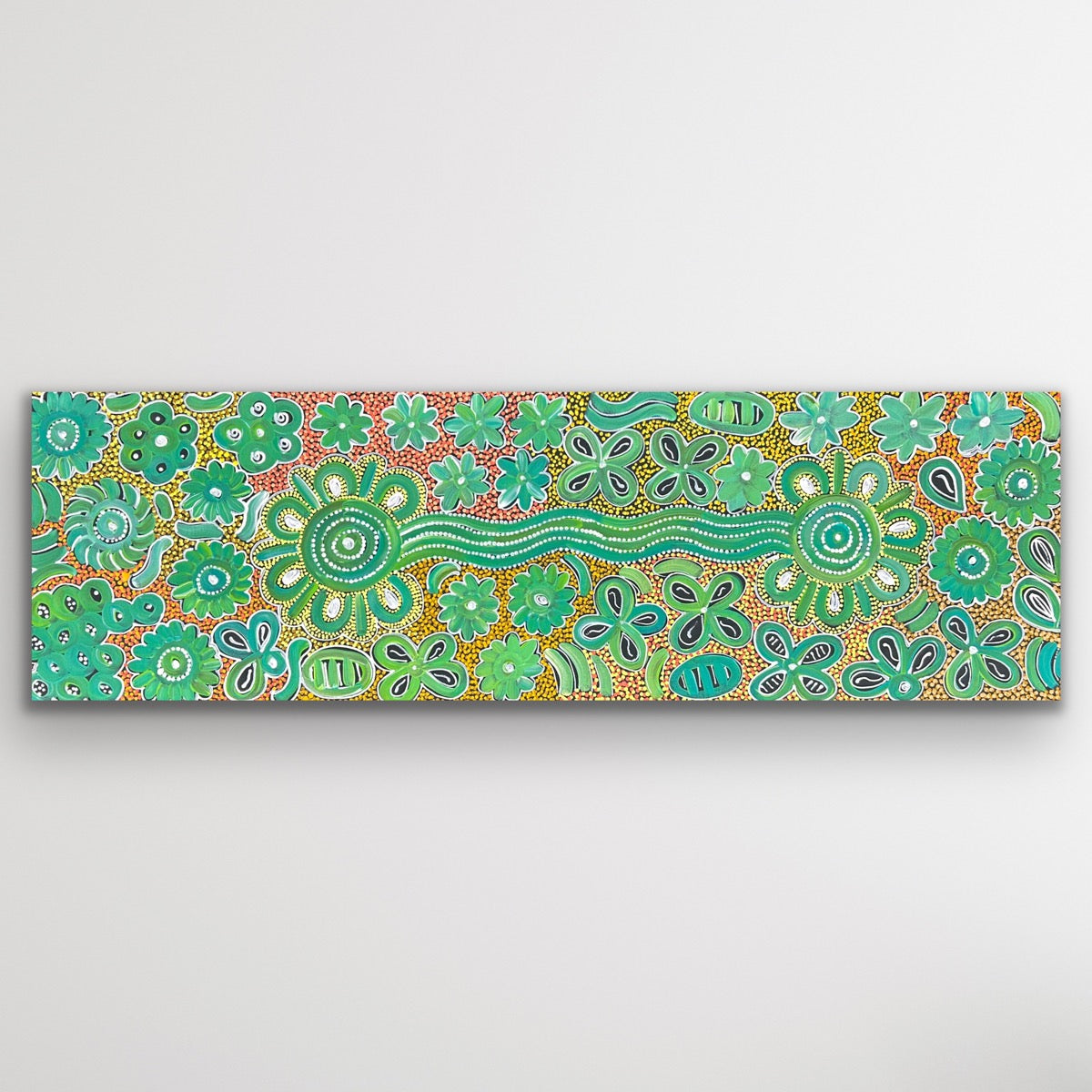 Original Aboriginal dot painting “Bush Flowers” by Bernadine Johnson Kemarre featuring vibrant desert flora patterns