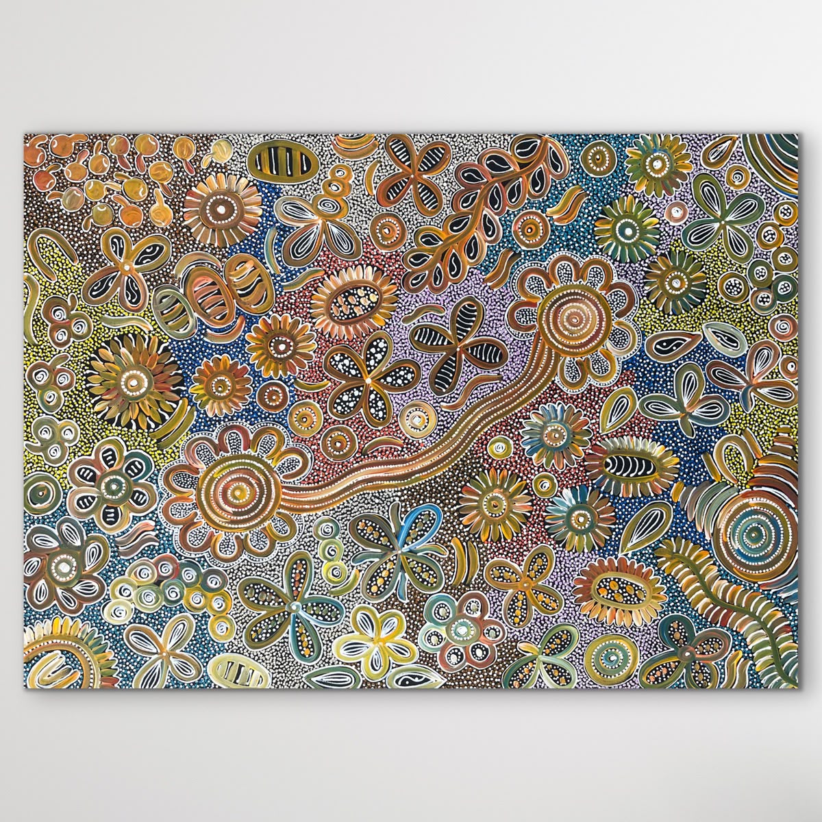 "Bush Flowers" by Bernadine Johnson Kemarre - detail view of Aboriginal painting, 104cm x 76cm