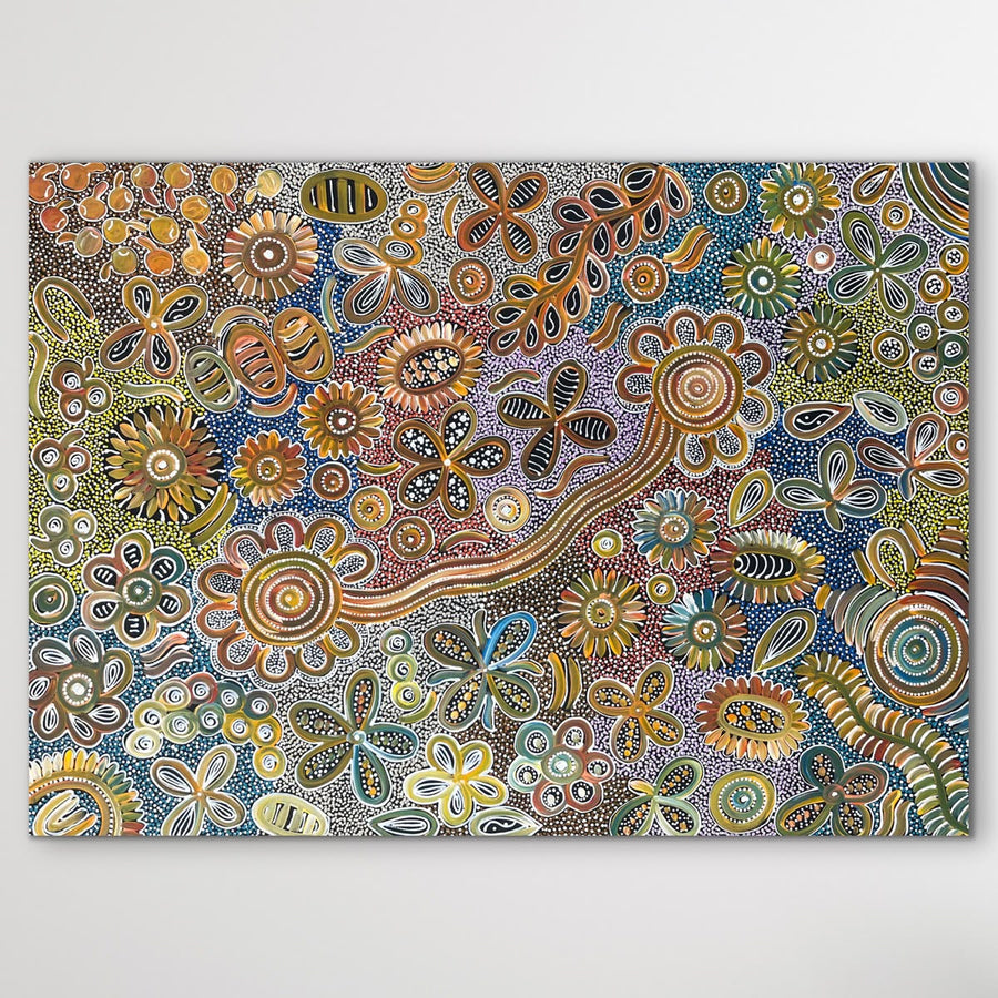 "Bush Flowers" by Bernadine Johnson Kemarre - detail view of Aboriginal painting, 104cm x 76cm