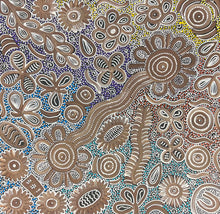 Load image into Gallery viewer, "Bush Flowers" Bernadine Johnson Kemarre 59cm x 59cm brown, beige, white, blue, and purple circular and floral motifs.
