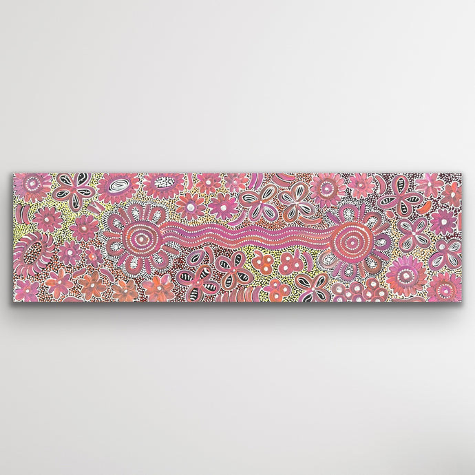 Original Aboriginal dot painting “Bush Flowers” by Bernadine Johnson Kemarre showing desert-inspired floral motifs