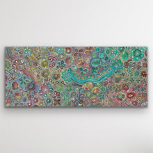 Load image into Gallery viewer, Wide landscape image showing Bush Flowers by Bernadine Johnson Kemarre with fine dot work and luminous floral detail.
