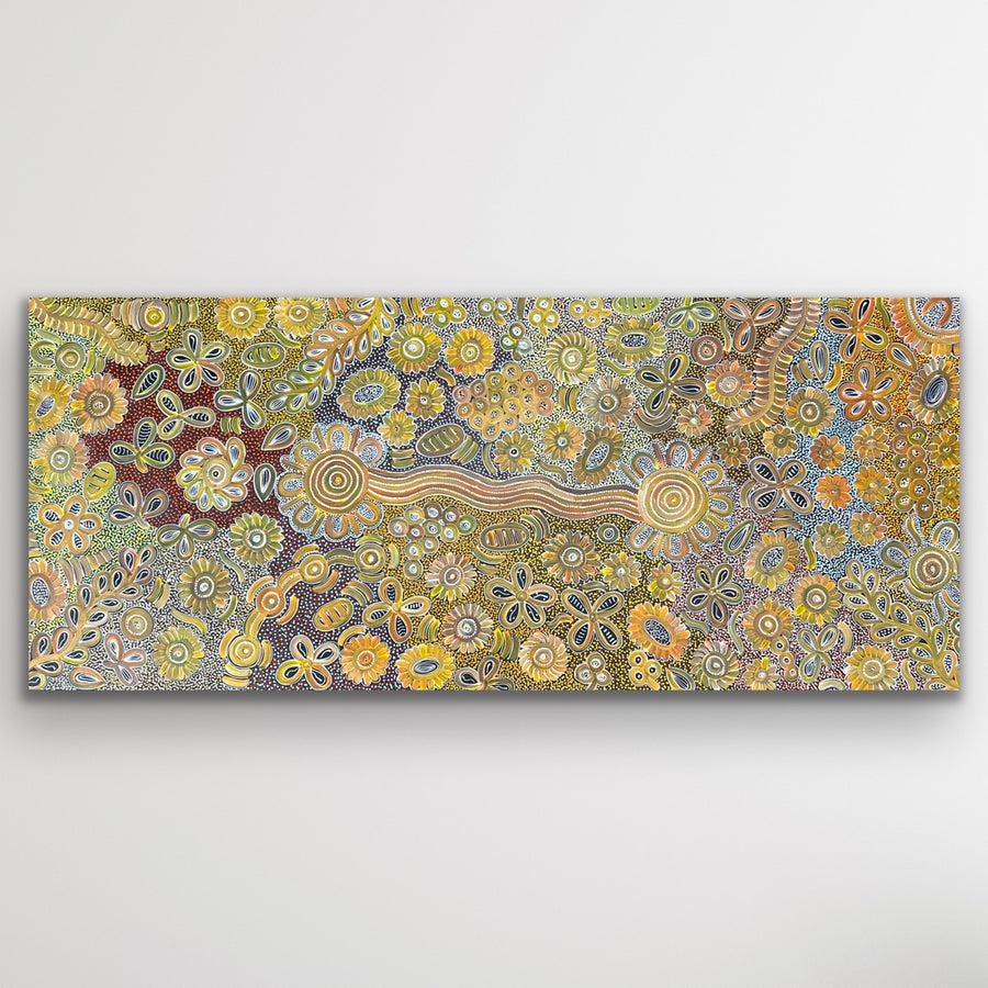 "Bush Flowers" original Aboriginal painting by Bernadine Johnson Kemarre, 202cm x 85cm - authentic Indigenous Australian artwork