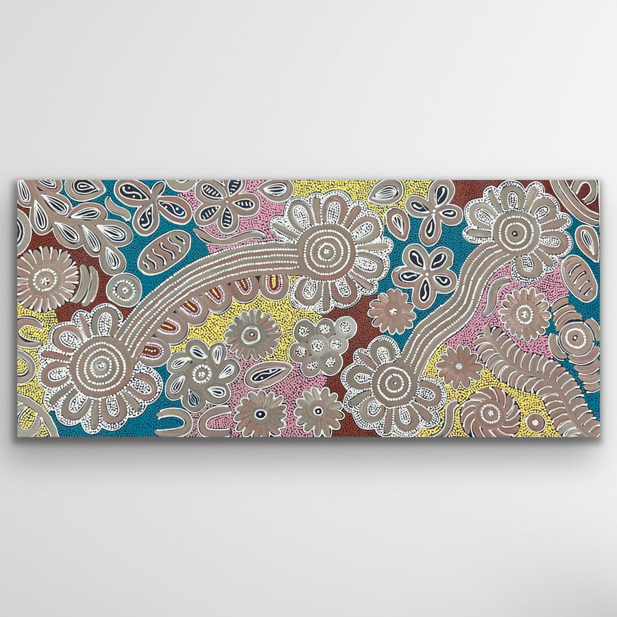 "Bush Flowers" original Aboriginal painting by Bernadine Johnson Kemarre, 93cm x 43cm - authentic Indigenous Australian artwork