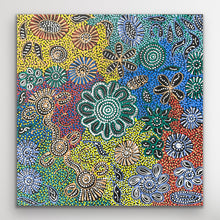 Load image into Gallery viewer, Square artwork view showing Bush Flowers by Bernadine Johnson Kemarre, featuring bright floral motifs and colourful desert-inspired palette.
