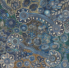 Load image into Gallery viewer, Close crop highlighting layered blue dot work, flower clusters and flowing lines within the artwork.
