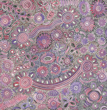 Load image into Gallery viewer, Close crop highlighting clustered floral forms, swirling lines and textured pink dot work within the painting.
