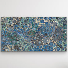 Load image into Gallery viewer, Full view of Bush Flowers by Bernadine Johnson Kemarre showing dense blue floral forms, flowing lines and detailed dot patterning.
