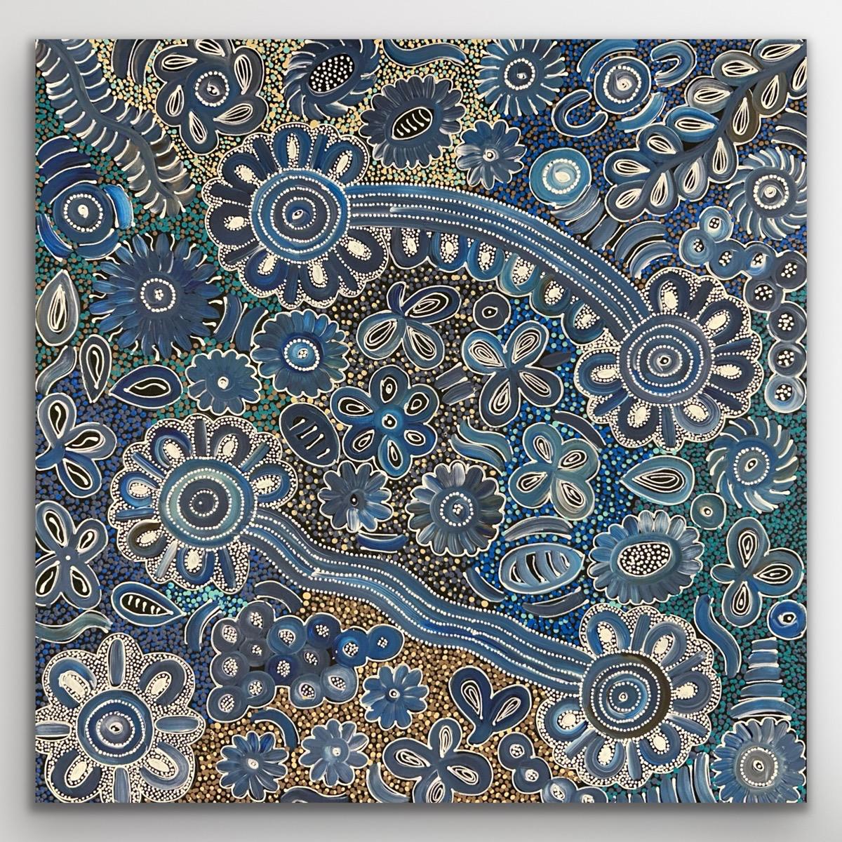 Full view of Bush Flowers by Bernadine Johnson Kemarre showing dense blue florals, circular motifs and intricate dot detailing.