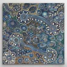 Load image into Gallery viewer, Full view of Bush Flowers by Bernadine Johnson Kemarre showing dense blue florals, circular motifs and intricate dot detailing.
