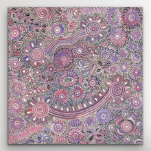 Load image into Gallery viewer, Full view of Bush Flowers by Bernadine Johnson Kemarre showing flowing pink florals, circular motifs and fine dot detailing.
