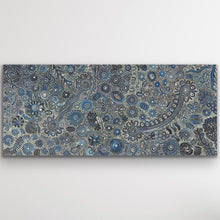 Load image into Gallery viewer, Full view of Bush Flowers by Bernadine Johnson Kemarre showing expansive blue floral forms, circular motifs and dense dot detailing.
