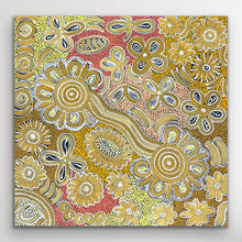 Load image into Gallery viewer, Original Aboriginal painting “Bush Flowers” by Bernadine Johnson Kemarre featuring golden floral Dreaming patterns
