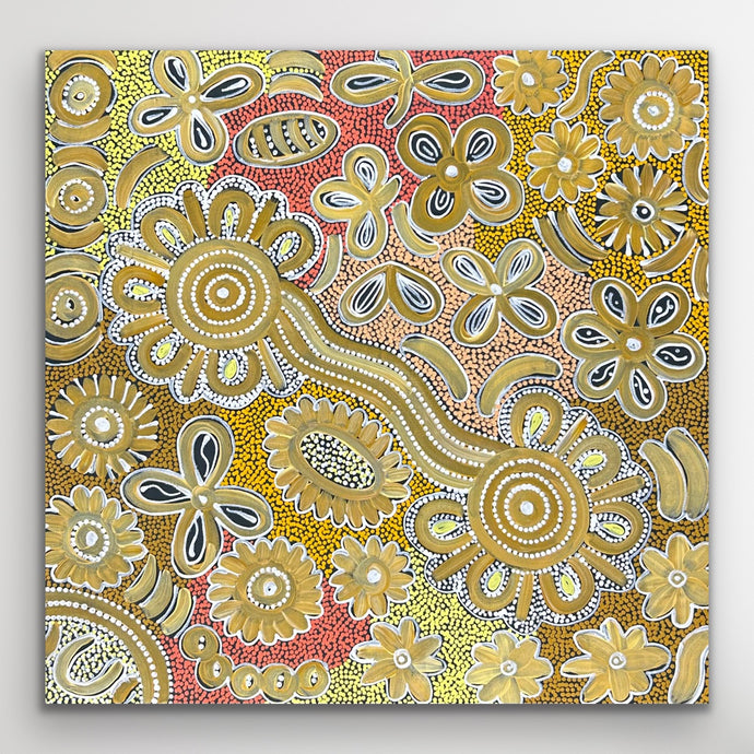 Original Aboriginal painting “Bush Flowers” by Bernadine Johnson Kemarre featuring golden floral Dreaming patterns