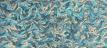 Load image into Gallery viewer, A close-up of a marbled medicine leave with swirling waves in blue, teal, gray, and cream "Bush Medicine" Audrey Brumby 198cm x 88cm
