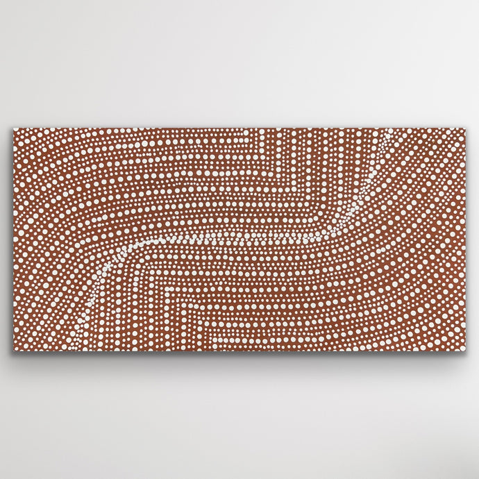 Fine dot patterns trace the pathways and seeds of the bush onion beneath warm desert tones.