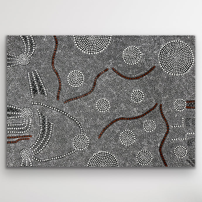 Fine dot patterns and earthy textures evoke the Central Desert landscape and the harvest of bush onions.