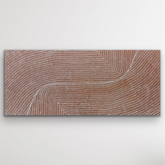 Wide photo of Bush Onion by Tansy Martin featuring earthy tones, circular dot patterns and symbolic desert tracks.