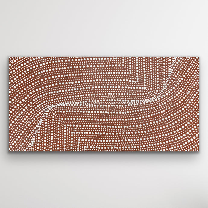 Elegant dot work patterns symbolise desert pathways and the harvest of bush onions across Country.