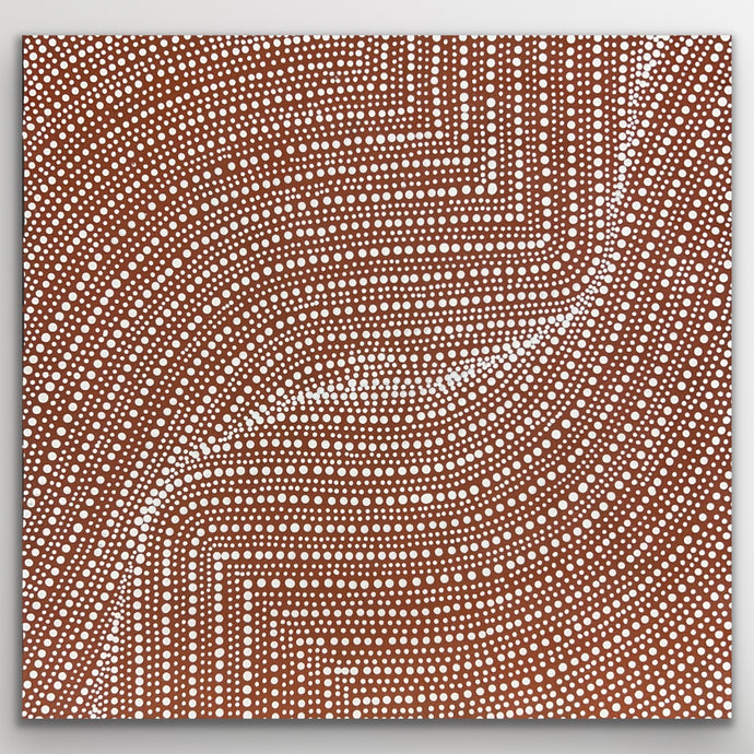 Fine dot patterns symbolise desert pathways and the harvest of bush onions beneath the surface.