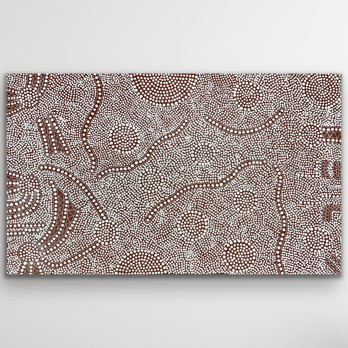 Original Aboriginal artwork “Bush Onion” by Nancy Martin Napangarti featuring earthy tones and fine dot detail