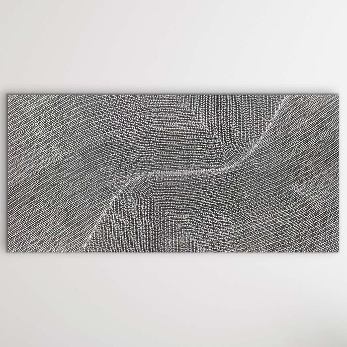 A black and white abstract painting consisting of wavy lines filling the canvas.