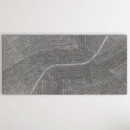 A black and white abstract painting consisting of wavy lines filling the canvas.