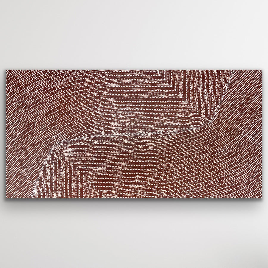 Wide rectangular Aboriginal artwork Bush Onion by Tansy Martin in earthy tones