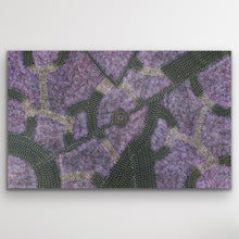 Load image into Gallery viewer, Original Aboriginal artwork “Bush Plum” by Roseanne Morton Petyarre featuring dot path patterns and purple desert tones
