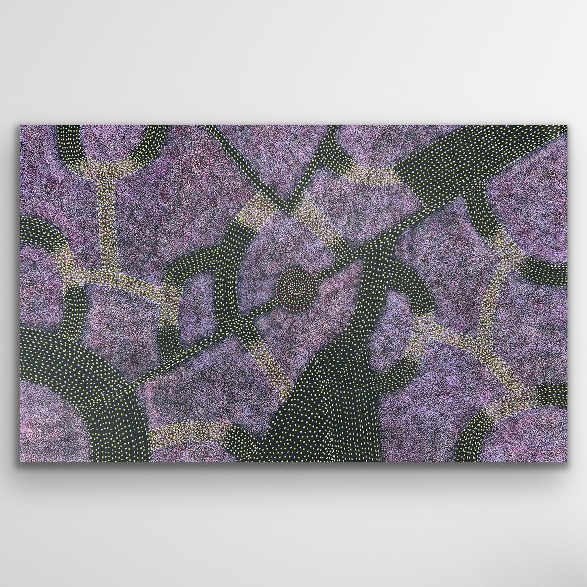 Original Aboriginal artwork “Bush Plum” by Roseanne Morton Petyarre featuring dot path patterns and purple desert tones