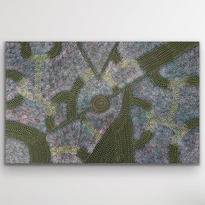 Original Aboriginal painting with dotted trails showing the Bush Plum gathering story