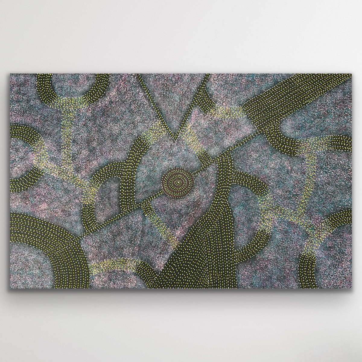 Original Aboriginal painting with dotted trails showing the Bush Plum gathering story