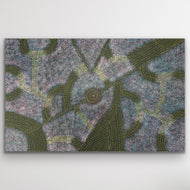 Original Aboriginal painting with dotted trails showing the Bush Plum gathering story