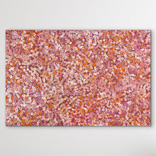 Load image into Gallery viewer, Bush Plums Bessie Pitjara 145cm x 95cm with pink and orange hues on white wall
