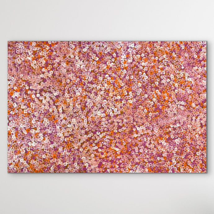 Bush Plums Bessie Pitjara 145cm x 95cm with pink and orange hues on white wall