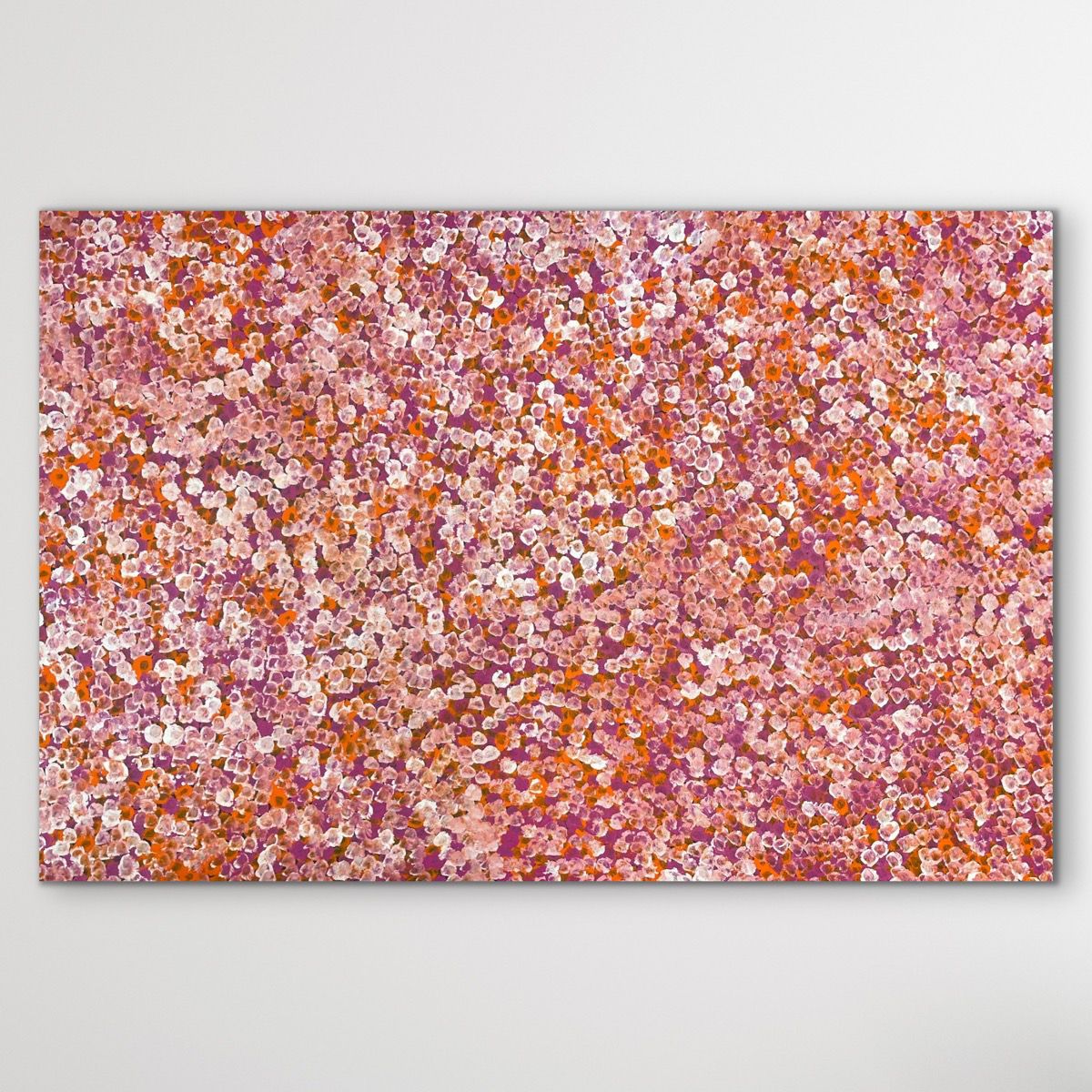 Bush Plums Bessie Pitjara 145cm x 95cm with pink and orange hues on white wall