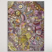 Load image into Gallery viewer, Colorful "Bush Yam Dreaming" Katrina Bird 95cm x 122cm artwork with intricate patterns on a white background
