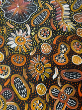 Load image into Gallery viewer, Traditional Aboriginal art pattern with flowers and abstract shapes on a dark background &quot;Bush Yam Dreaming&quot; Rochelle Bird Mbitjana 198cm x 110cm
