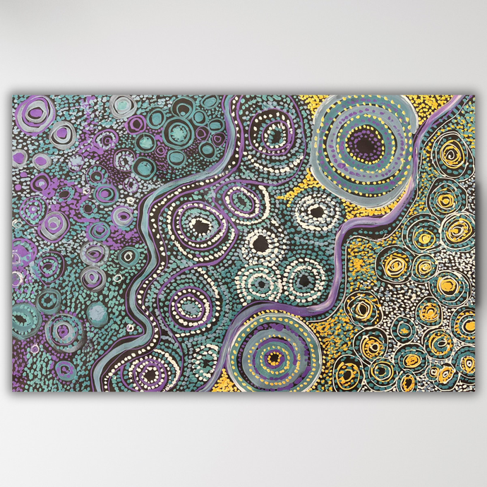 Indigenous artwork with circular patterns in purple, green, and yellow on a Black background