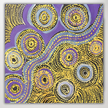 Load image into Gallery viewer, Indigenous painting by Rhoda Tjitayi purple, yellow, and blue on a black back background 
