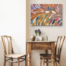 Load image into Gallery viewer, Small wooden table with chairs and a colorful abstract painting on the wall.
