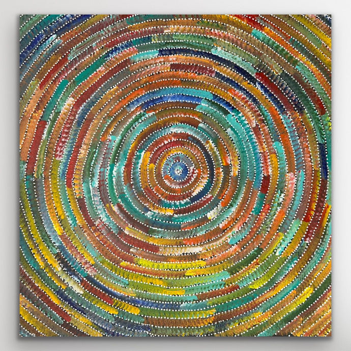 Square image of Circle of Life (A) by Bernadine Johnson Kemarre, featuring detailed concentric circles symbolising energy and harmony.