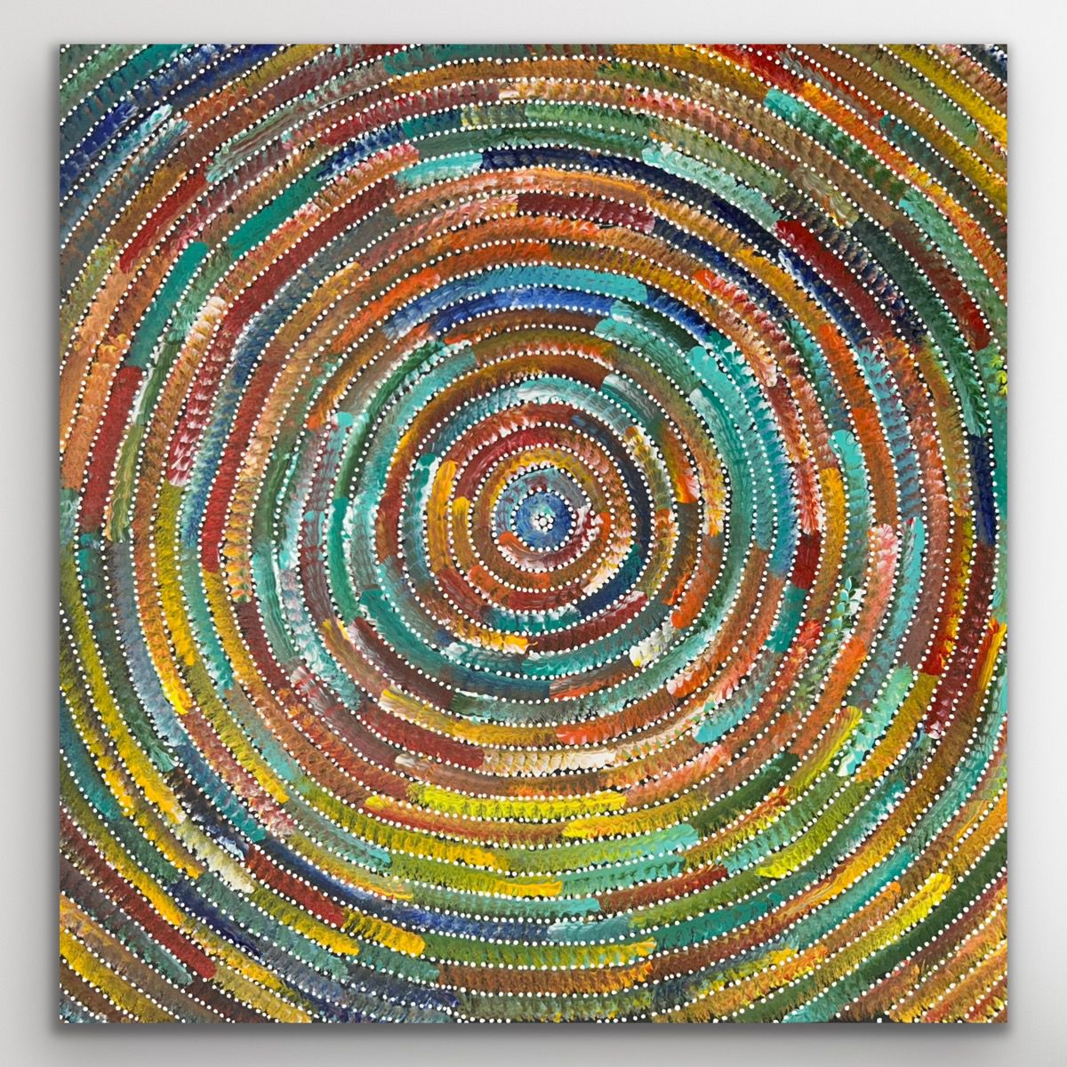 Square image of Circle of Life (A) by Bernadine Johnson Kemarre, featuring detailed concentric circles symbolising energy and harmony.