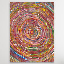 Load image into Gallery viewer, Original Aboriginal artwork Circle of Life by Bernadine Johnson Kemarre, 99cm x 72cm, featuring vibrant concentric circles and colourful traditional patterns, available from Art by Farquhar.
