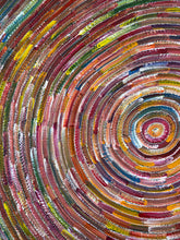 Load image into Gallery viewer, Original Aboriginal artwork Circle of Life by Bernadine Johnson Kemarre, 99cm x 72cm, featuring vibrant concentric circles and colourful traditional patterns, available from Art by Farquhar.
