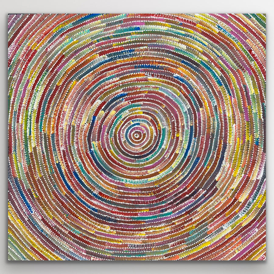 Original Aboriginal painting “Circle of Life” by Bernadine Johnson Kemarre showing colourful circular Dreaming patterns