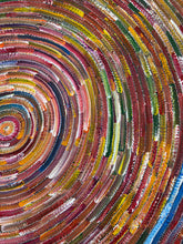 Load image into Gallery viewer, Original Aboriginal artwork Circle of Life by Bernadine Johnson Kemarre, 99cm x 72cm, featuring vibrant concentric circles and colourful traditional patterns, available from Art by Farquhar.
