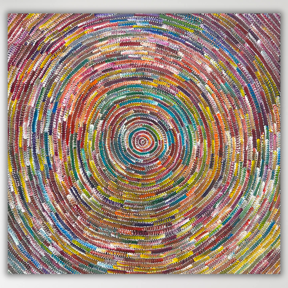"Circle of Life" Bernadine Johnson Kemarre 105cm x 100cm - concentric rings of multicoloured dots
